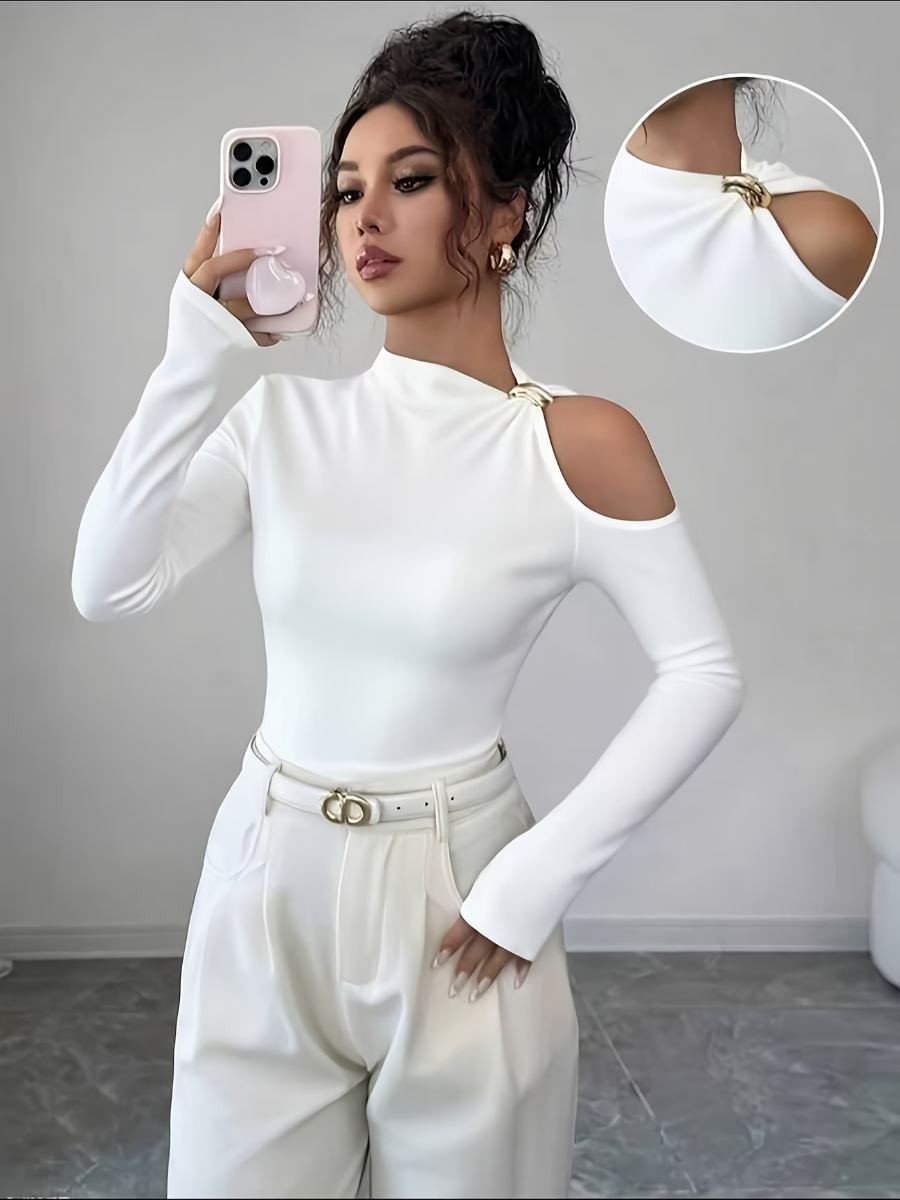 Elegante y exquisita prenda interior de mujer de manga larga asimétrica, de un solo hombro con recorte y detalle de anillo de metal - Ropa